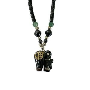 Vintage Beaded Hematite Elephant Pendant Necklace